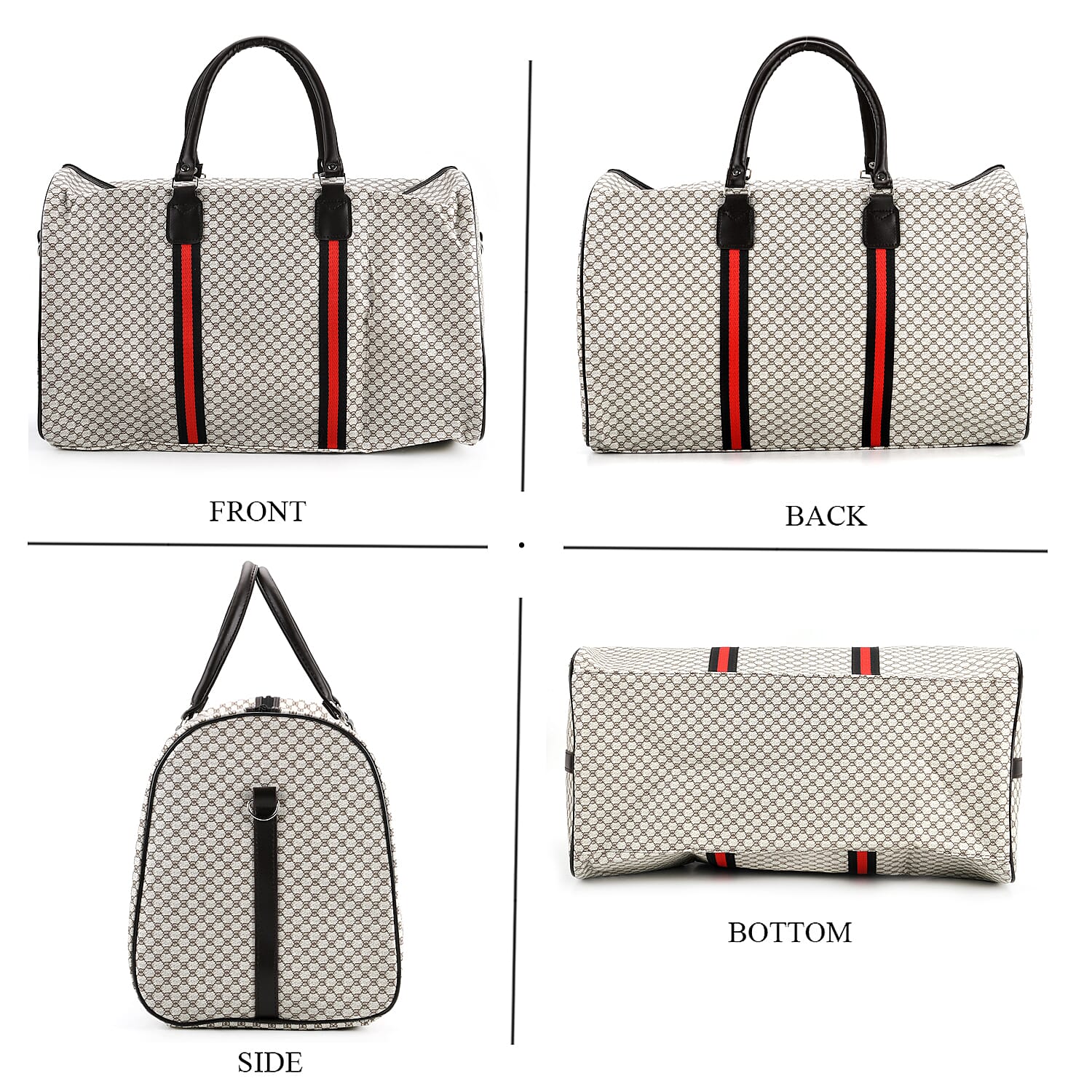 Monogram Pattern Travel Duffel Bag with Red Stripe Detail (50 x 30 cm) - Beige