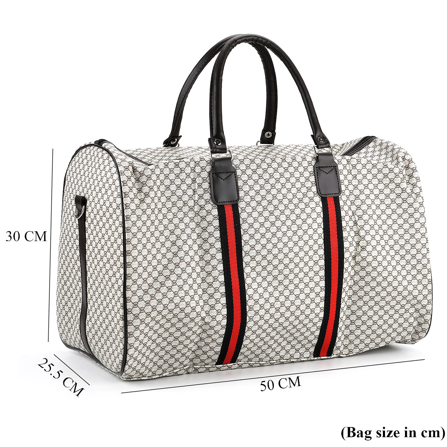 Monogram Pattern Travel Duffel Bag with Red Stripe Detail (50 x 30 cm) - Beige