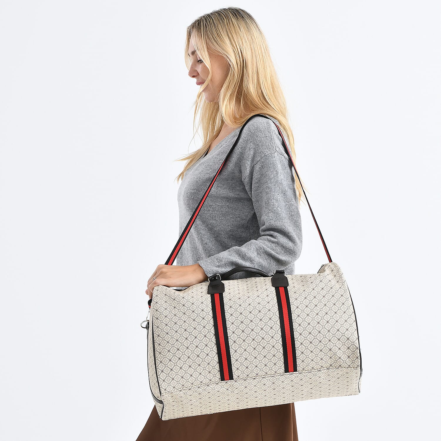 Monogram Pattern Travel Duffel Bag with Red Stripe Detail (50 x 30 cm) - Yellow