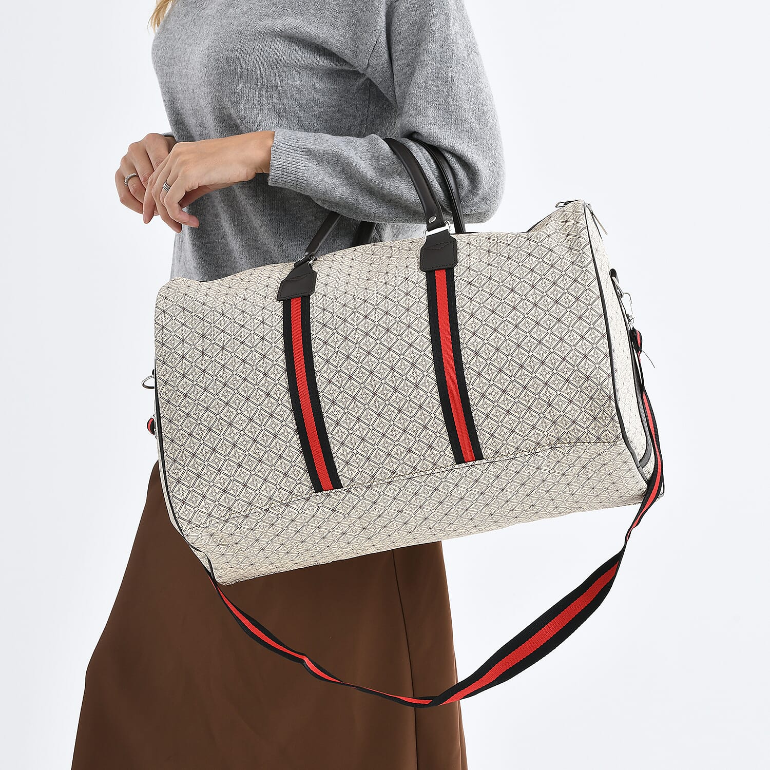 Monogram Pattern Travel Duffel Bag with Red Stripe Detail (50 x 30 cm) - Yellow