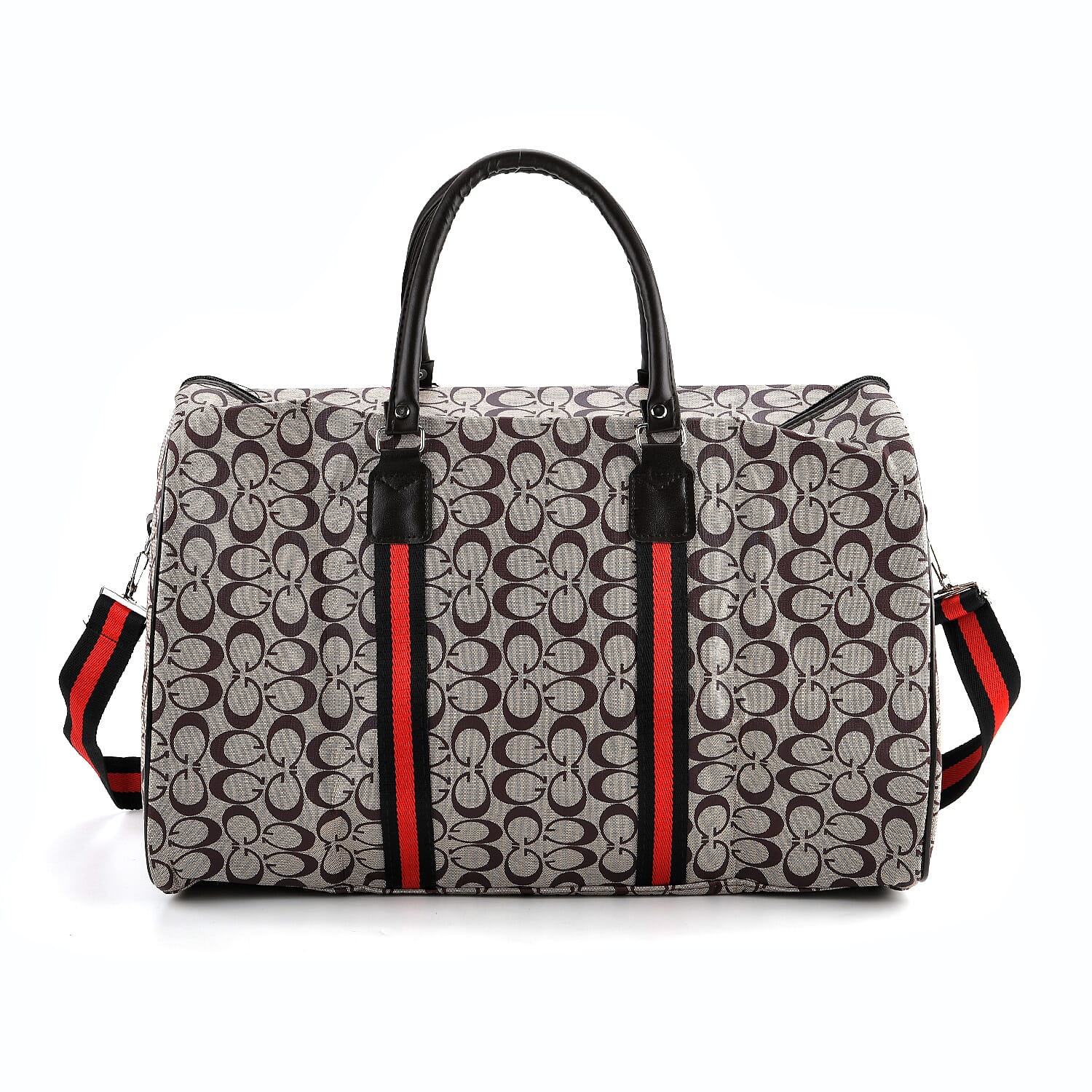 Monogram Pattern Travel Duffel Bag with Red Stripe Detail (50 x 30 cm) - Khaki