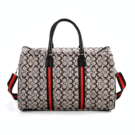 Monogram Pattern Travel Duffel Bag with Red Stripe Detail (50 x 30 cm) - Khaki