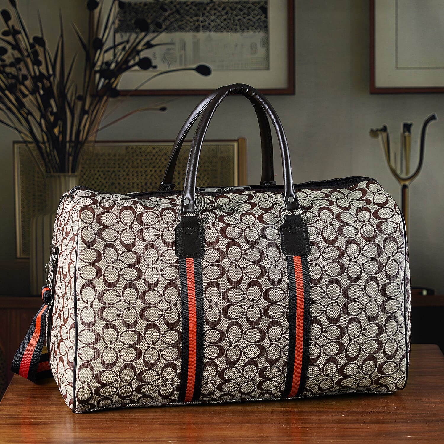 Monogram Pattern Travel Duffel Bag with Red Stripe Detail (50 x 30 cm) - Khaki