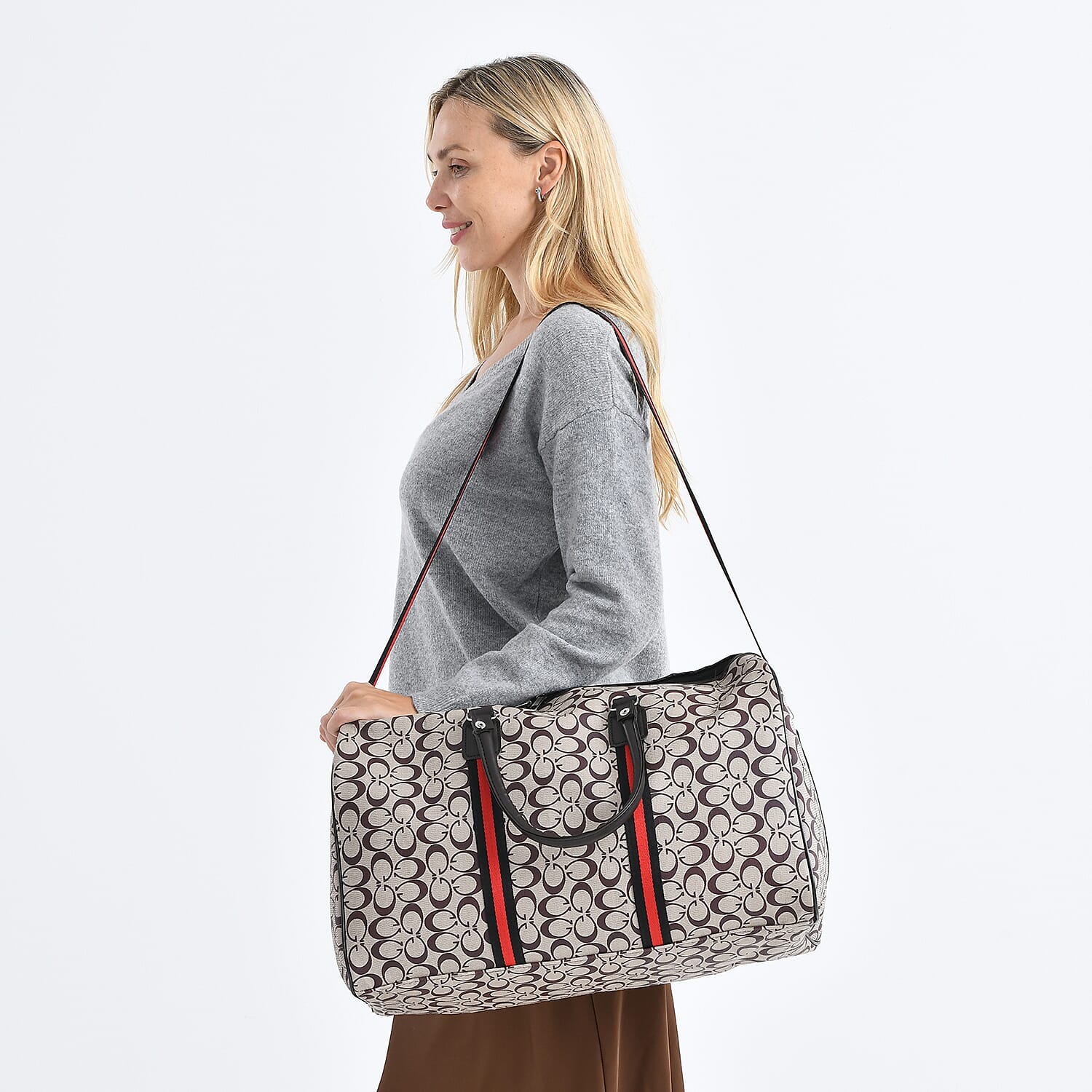 Monogram Pattern Travel Duffel Bag with Red Stripe Detail (50 x 30 cm) - Khaki