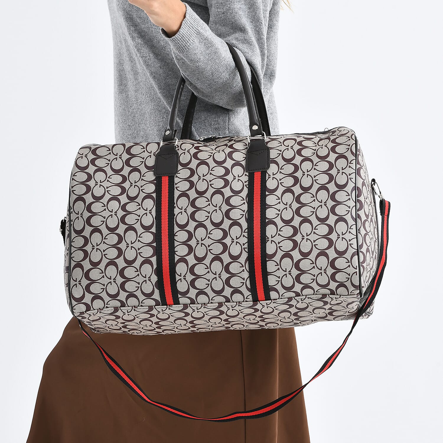 Monogram Pattern Travel Duffel Bag with Red Stripe Detail (50 x 30 cm) - Khaki