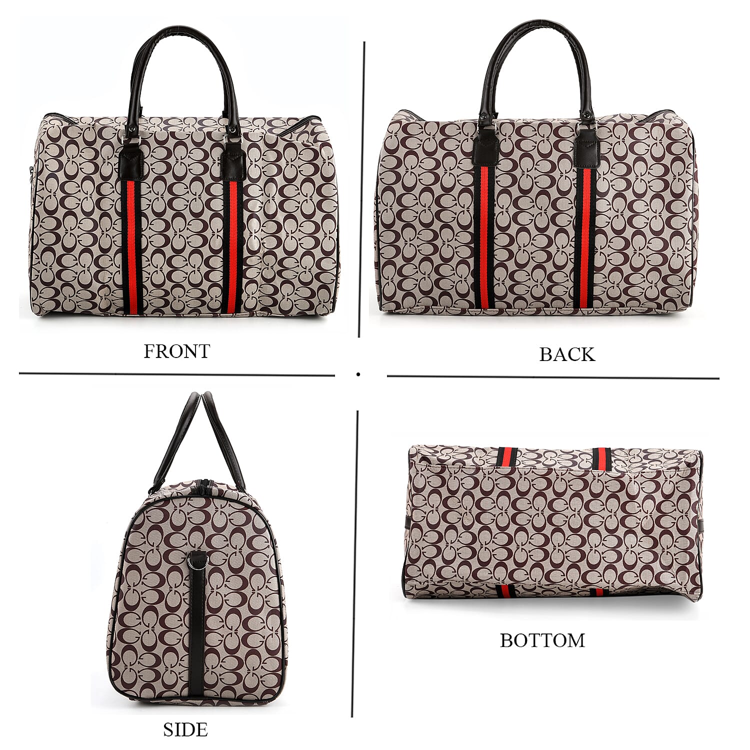 Monogram Pattern Travel Duffel Bag with Red Stripe Detail (50 x 30 cm) - Khaki