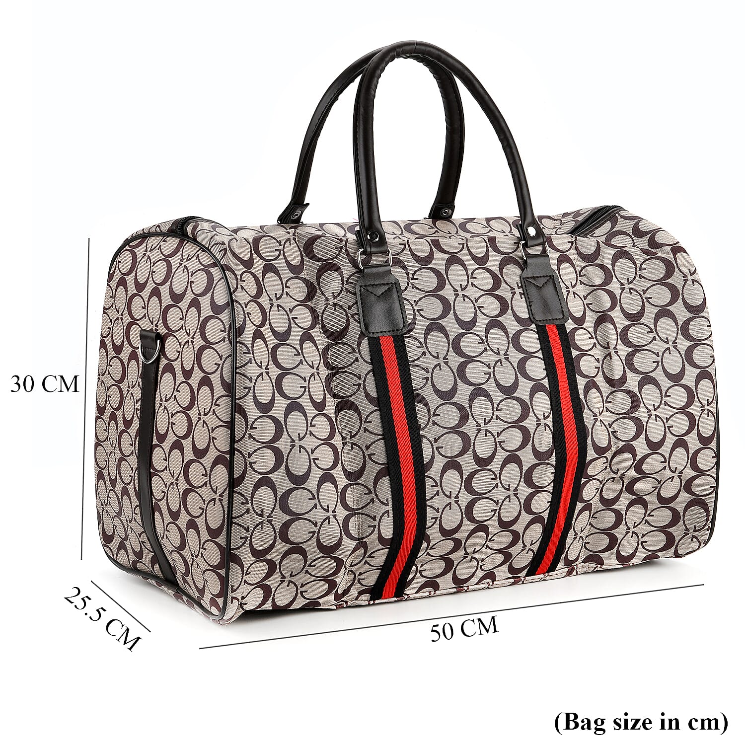 Monogram Pattern Travel Duffel Bag with Red Stripe Detail (50 x 30 cm) - Khaki