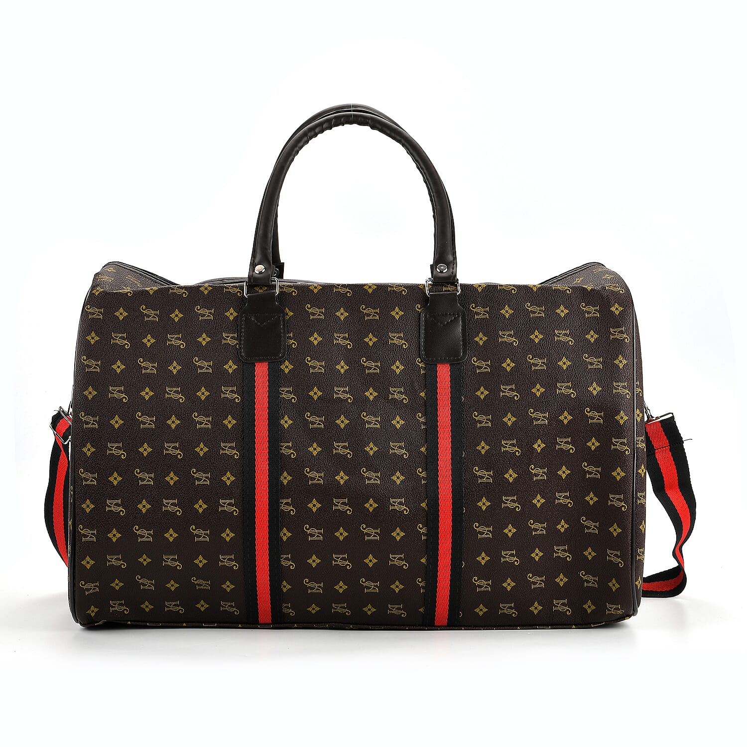 Monogram Pattern Travel Duffel Bag with Red Stripe Detail (50 x 30 cm) - Coffee