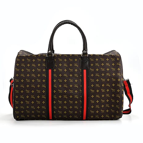 Monogram Pattern Travel Duffel Bag with Red Stripe Detail (50 x 30 cm) - Coffee
