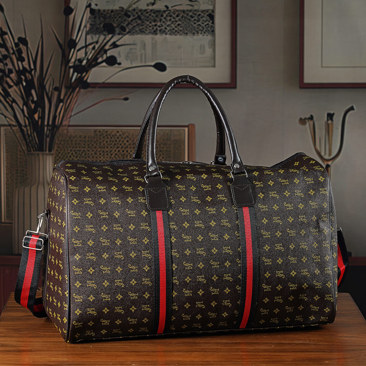 Monogram Pattern Travel Duffel Bag with Red Stripe Detail (50 x 30 cm) - Coffee