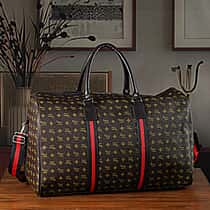 Monogram Pattern Travel Duffel Bag with Red Stripe Detail (50 x 30 cm) - Coffee
