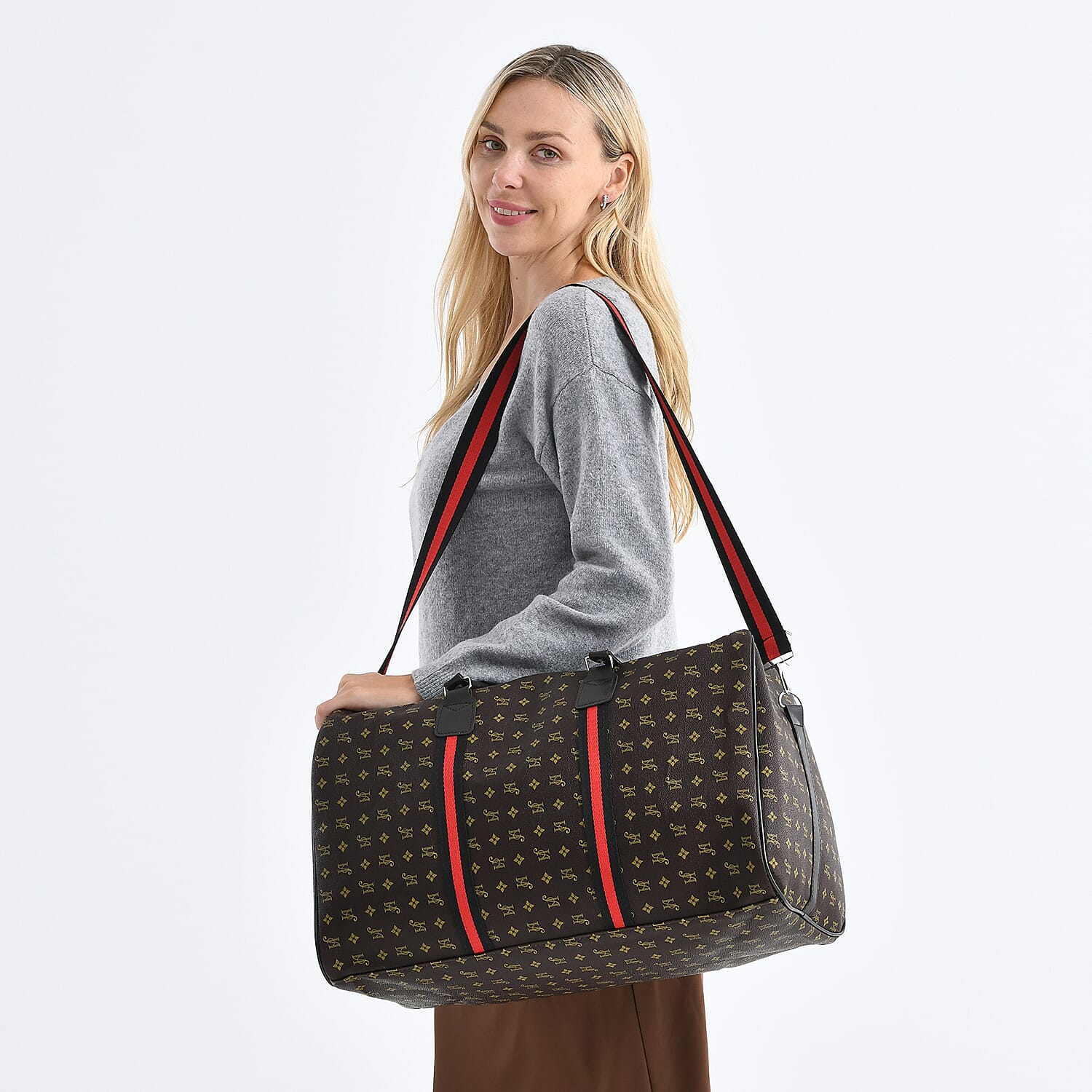 Monogram Pattern Travel Duffel Bag with Red Stripe Detail (50 x 30 cm) - Coffee