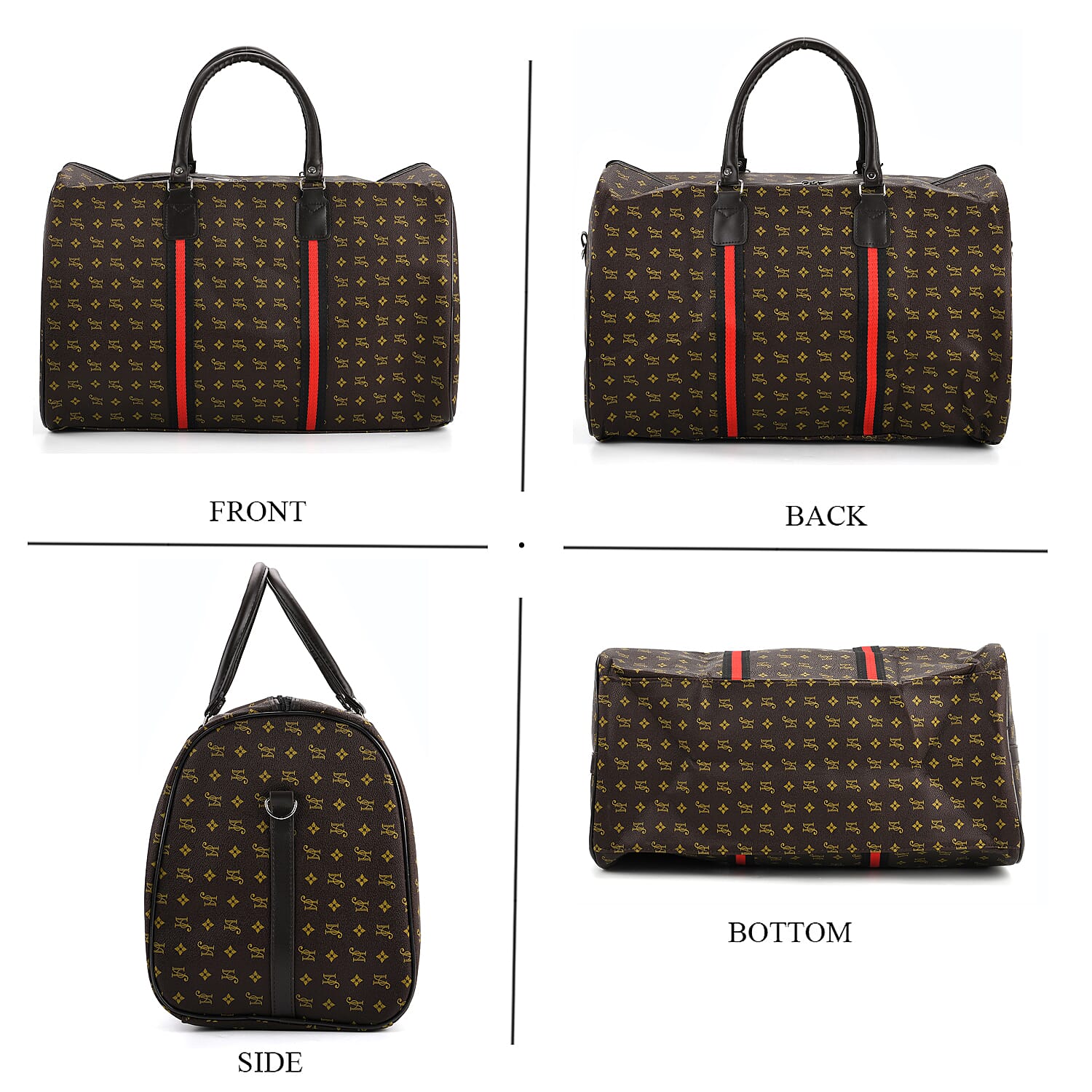 Monogram Pattern Travel Duffel Bag with Red Stripe Detail (50 x 30 cm) - Coffee