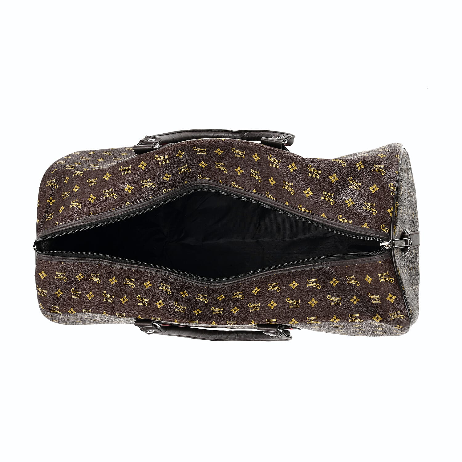 Monogram Pattern Travel Duffel Bag with Red Stripe Detail (50 x 30 cm) - Coffee