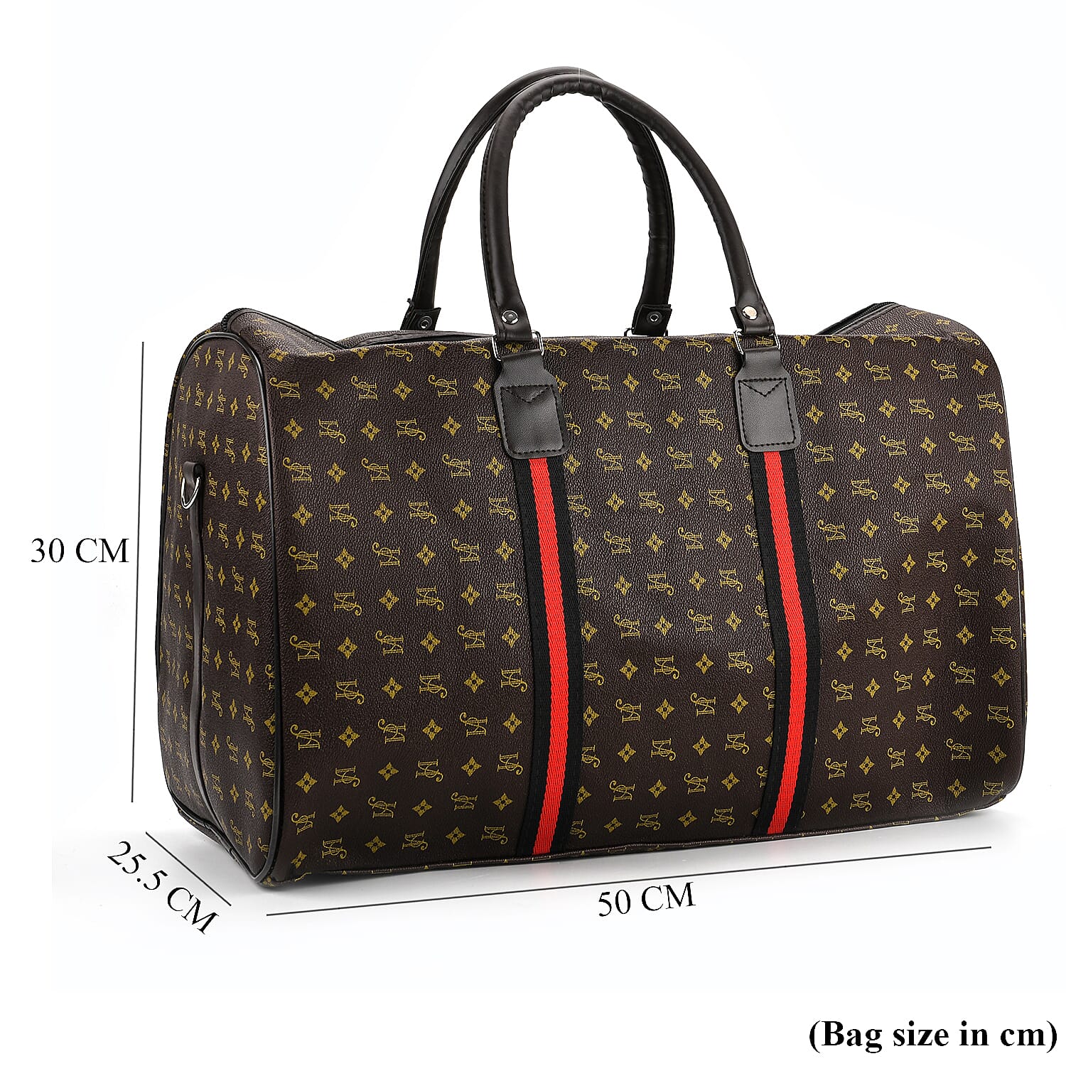 Monogram Pattern Travel Duffel Bag with Red Stripe Detail (50 x 30 cm) - Coffee