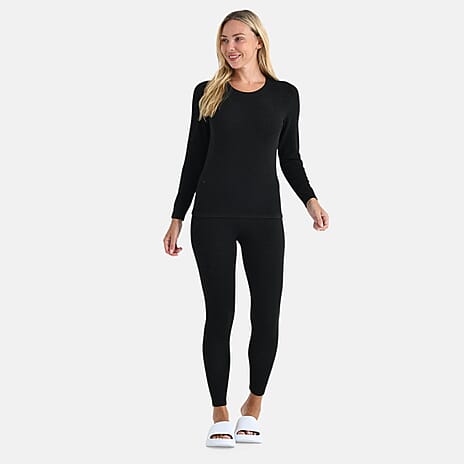 DOD- Cashmere Blend Thermal Scoop Neck Top & Legging Sets(Size - L) - Black
