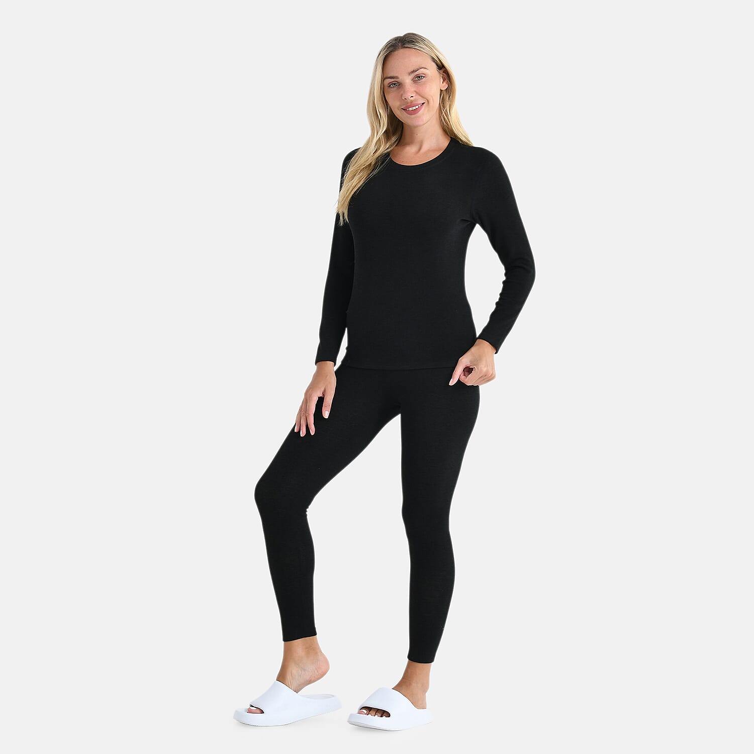 DOD- Cashmere Blend Thermal Scoop Neck Top & Legging Sets(Size - L) - Black