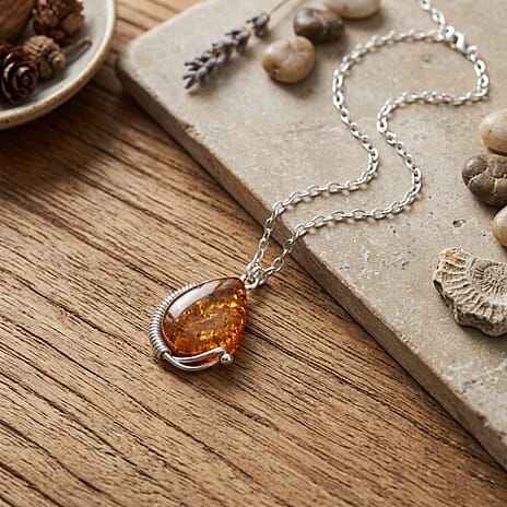 Amber Sterling Silver Necklace (Size - 20) 20.00 Ct, Silver Wt. 16.50 Gms