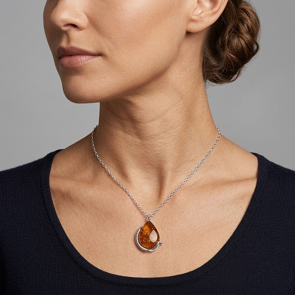 Amber Sterling Silver Necklace (Size - 20) 20.00 Ct, Silver Wt. 16.50 Gms