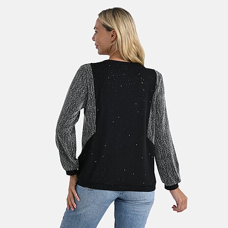 La Marey Glitter Sleeve Top (Size S, 8 to 10) - Black & Silver