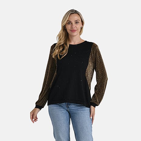 La Marey Glitter Sleeve Top (Size M, 12 to 14) - Black & Gold