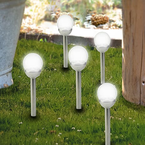 5-Pack Solar Powered RGB LED Garden Lights - Modern Outdoor Sphere Stake Lamps - Silver