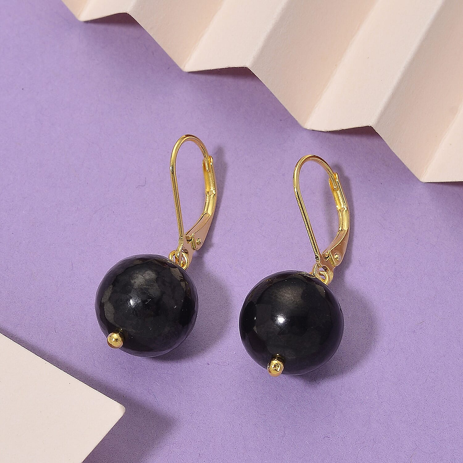 Natural Shungite Dangle Earring with Lever Back in Yellow Gold Plated Sterling Silver 20.00 Ct.