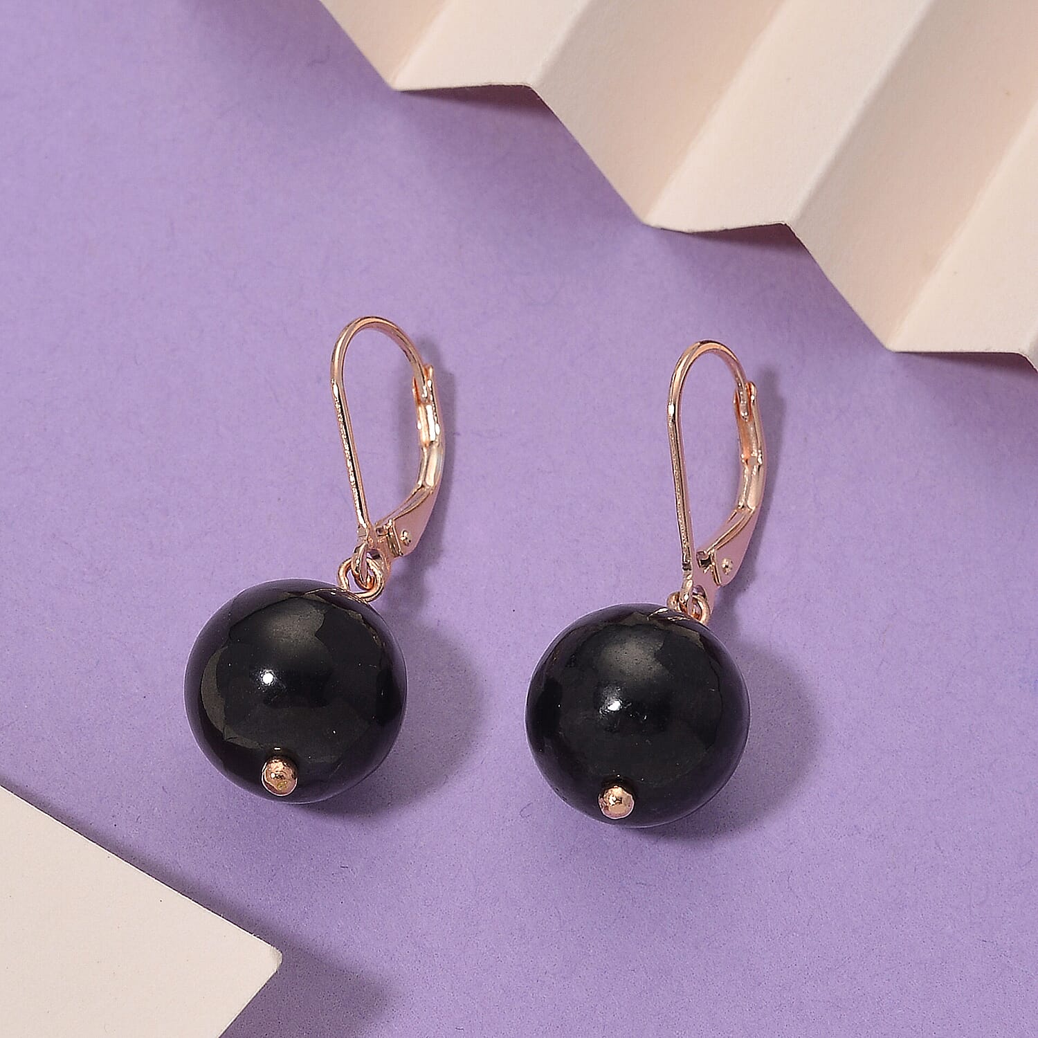 Shungite Dangle Earring with Lever Back in Rose Gold Plated Sterling Silver 20.00 Ct.