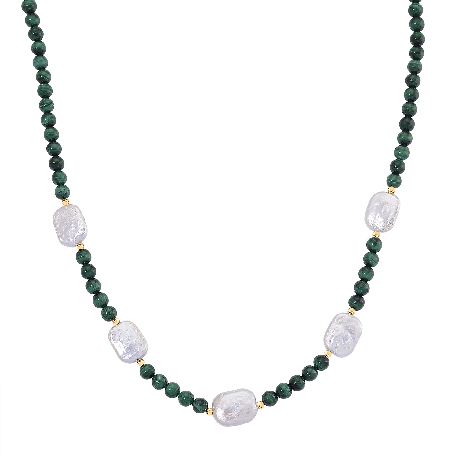 Natural Malachite & White Shell Pearl Beads Necklace in Yellow Gold Plated Sterling Silver 170.00 Ct.