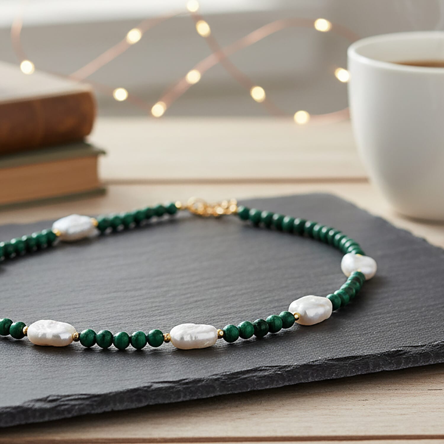 Natural Malachite & White Shell Pearl Beads Necklace in Yellow Gold Plated Sterling Silver 170.00 Ct.
