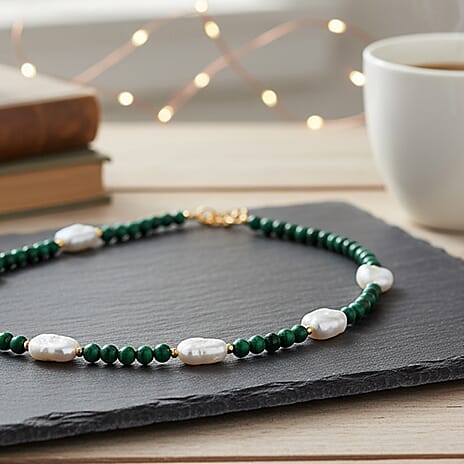 Natural Malachite & White Shell Pearl Beads Necklace in Yellow Gold Plated Sterling Silver 170.00 Ct.