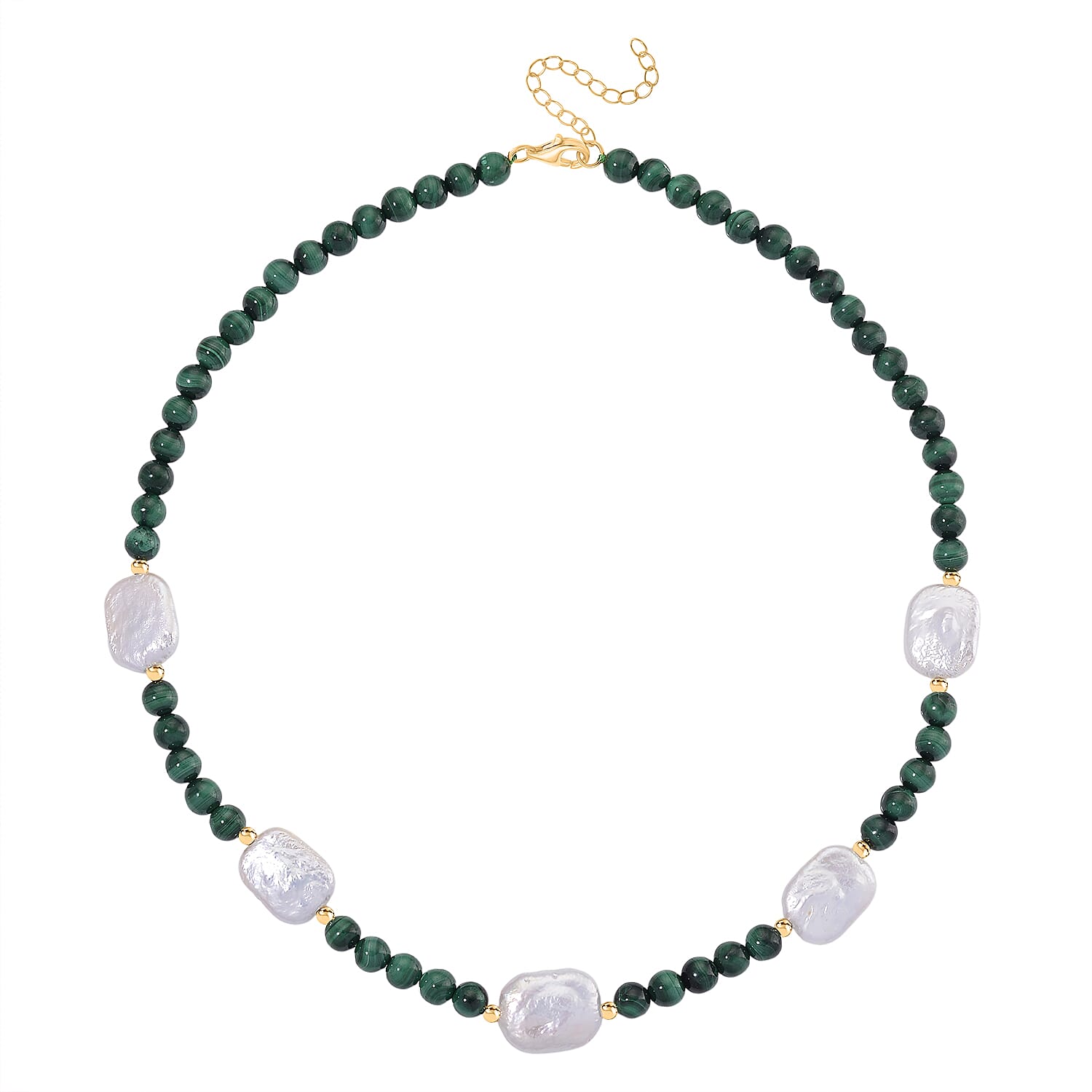 Natural Malachite & White Shell Pearl Beads Necklace in Yellow Gold Plated Sterling Silver 170.00 Ct.