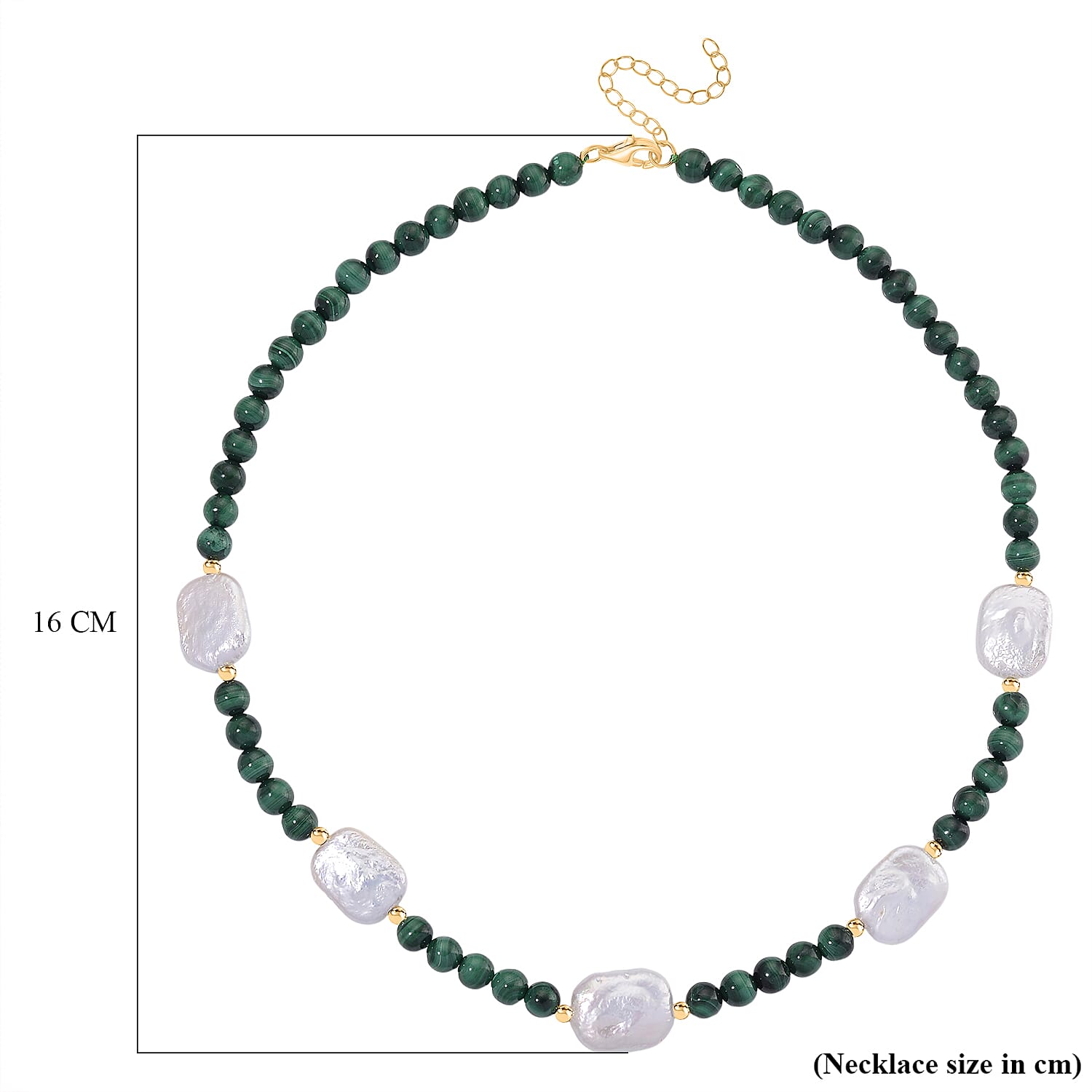 Natural Malachite & White Shell Pearl Beads Necklace in Yellow Gold Plated Sterling Silver 170.00 Ct.