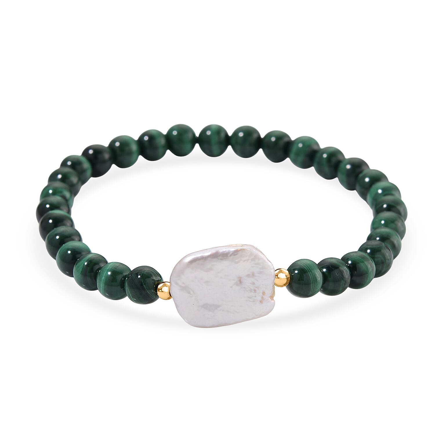 Natural Malachite & White Shell Pearl Beads Bracelet in Yellow Gold Plated Sterling Silver 80.00 Ct.