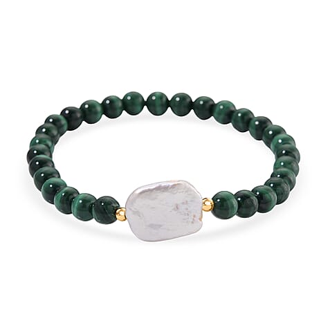 Natural Malachite & White Shell Pearl Beads Bracelet in Yellow Gold Plated Sterling Silver 80.00 Ct.