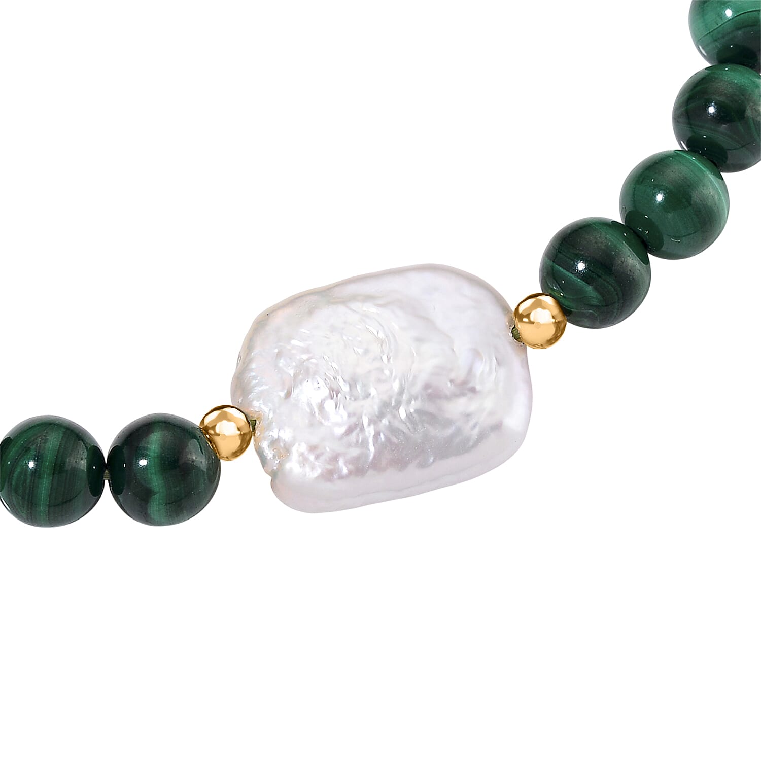 Natural Malachite & White Shell Pearl Beads Bracelet in Yellow Gold Plated Sterling Silver 80.00 Ct.