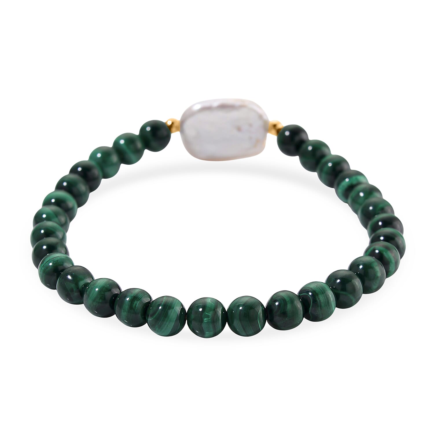 Natural Malachite & White Shell Pearl Beads Bracelet in Yellow Gold Plated Sterling Silver 80.00 Ct.
