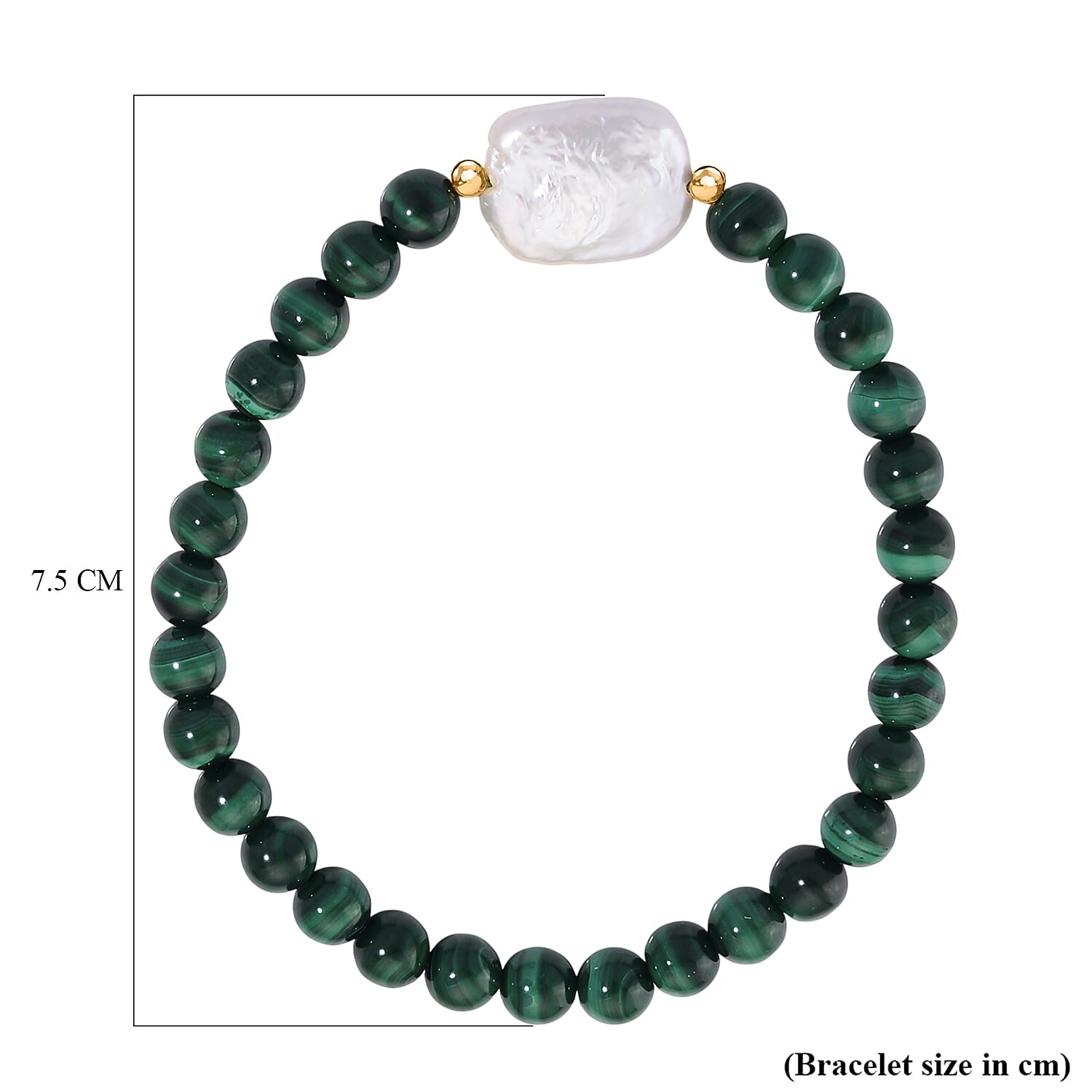 Natural Malachite & White Shell Pearl Beads Bracelet in Yellow Gold Plated Sterling Silver 80.00 Ct.
