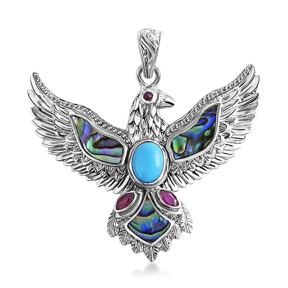 Bali Legacy Sleeping Beauty Turquoise, Ruby & Abalone Shell Egale Pendant Sterling Silver 2.16 Ct, Silver Wt. 11.28 Gms.