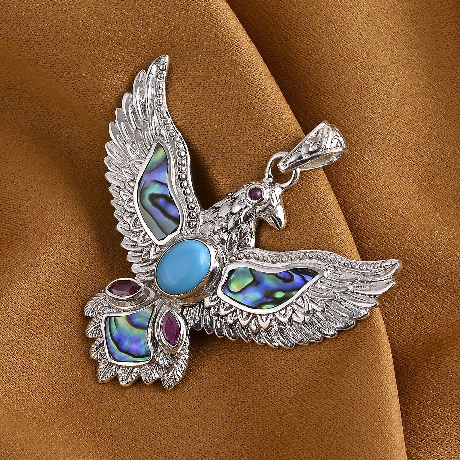 Bali Legacy Sleeping Beauty Turquoise, Ruby & Abalone Shell Egale Pendant Sterling Silver 2.16 Ct, Silver Wt. 11.28 Gms.