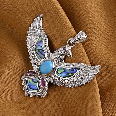 Bali Legacy Sleeping Beauty Turquoise, Ruby & Abalone Shell Egale Pendant Sterling Silver 2.16 Ct, Silver Wt. 11.28 Gms.