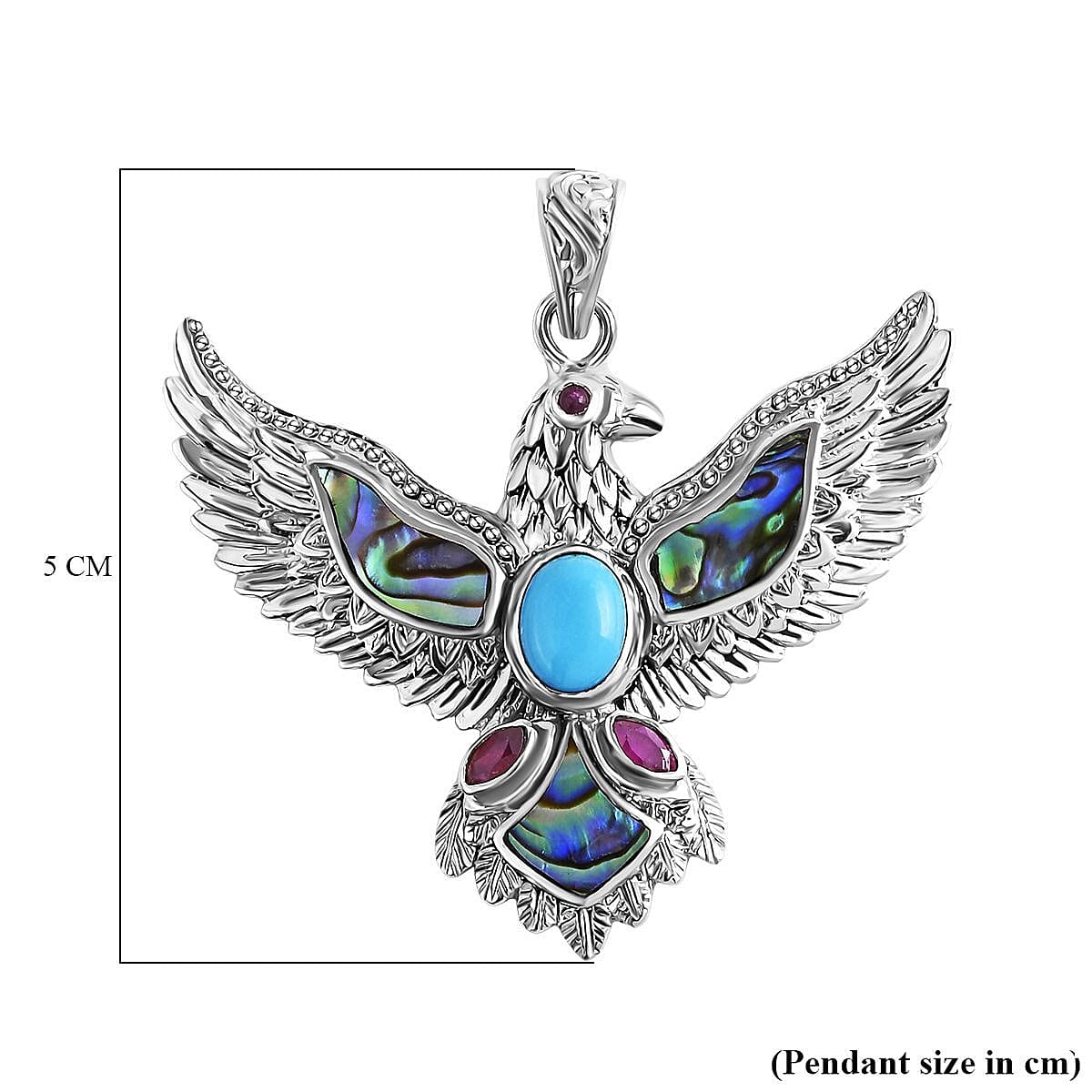 Bali Legacy Sleeping Beauty Turquoise, Ruby & Abalone Shell Egale Pendant Sterling Silver 2.16 Ct, Silver Wt. 11.28 Gms.