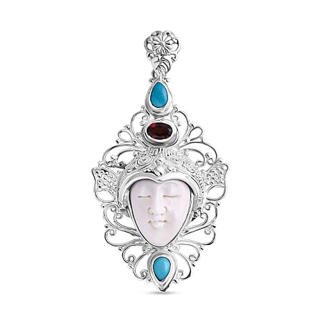 Royal Bali Collection Ox Bone, Red Garnet & Sleeping Beauty Turquoise Goddess Pendant in Sterling Silver 7.91 Ct, Silver Wt. 9.80 Gms.