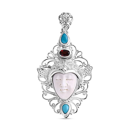 Royal Bali Collection Ox Bone, Red Garnet & Sleeping Beauty Turquoise Goddess Pendant in Sterling Silver 7.91 Ct, Silver Wt. 9.80 Gms. Royal Bali Collection Ox Bone, Red Garnet & Sleeping Beauty Turquoise Goddess Pendant in Sterling Silver 7.91 Ct, Silver Wt. 9.80 Gms.