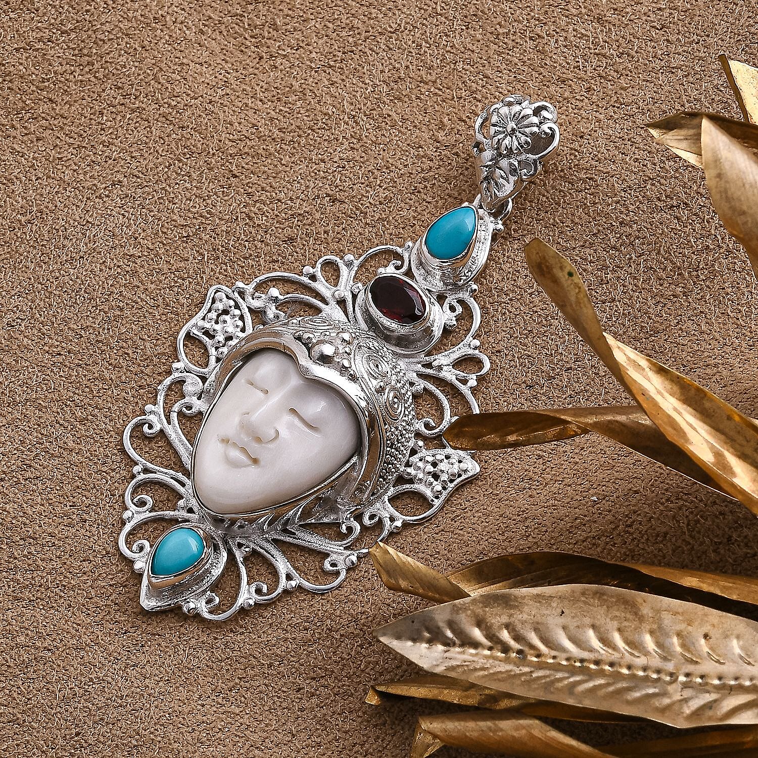 Royal Bali Collection Ox Bone, Red Garnet & Sleeping Beauty Turquoise Goddess Pendant in Sterling Silver 7.91 Ct, Silver Wt. 9.80 Gms.