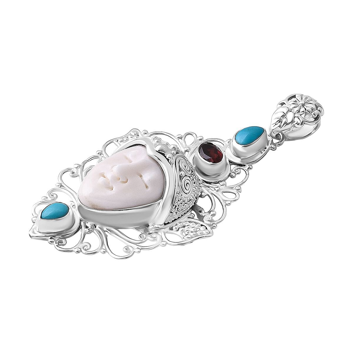 Royal Bali Collection Ox Bone, Red Garnet & Sleeping Beauty Turquoise Goddess Pendant in Sterling Silver 7.91 Ct, Silver Wt. 9.80 Gms.