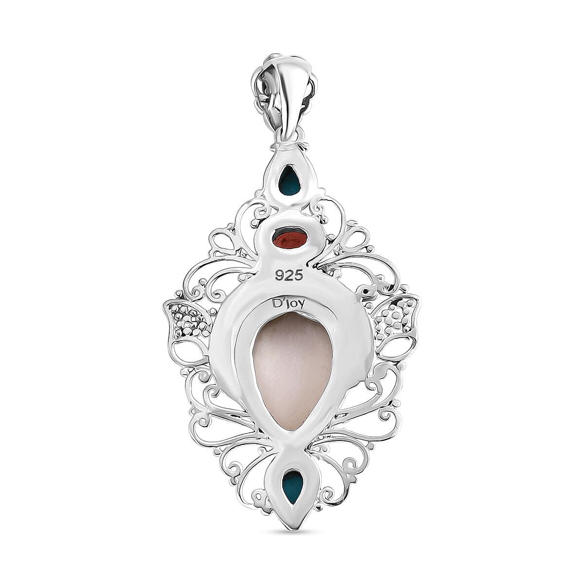 Royal Bali Collection Ox Bone, Red Garnet & Sleeping Beauty Turquoise Goddess Pendant in Sterling Silver 7.91 Ct, Silver Wt. 9.80 Gms.