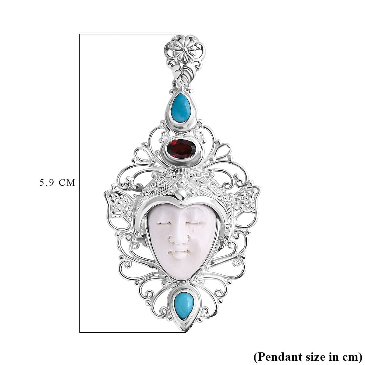 Royal Bali Collection Ox Bone, Red Garnet & Sleeping Beauty Turquoise Goddess Pendant in Sterling Silver 7.91 Ct, Silver Wt. 9.80 Gms.