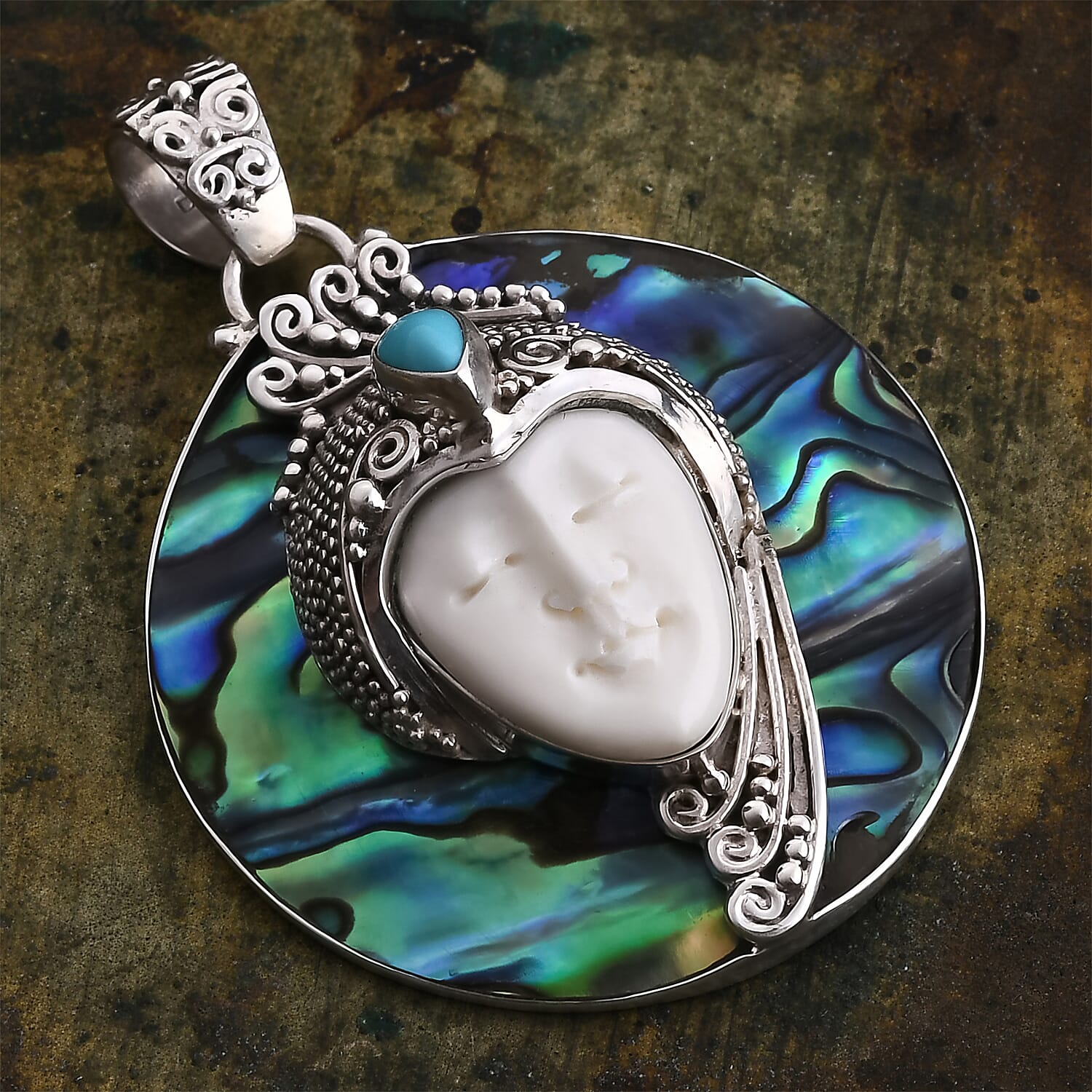 Royal Bali Collection - Ox Bone, Sleeping Beauty Turquoise & Abalone Shell Pendant Sterling Silver 35.01 Ct, Silver Wt. 13.59 Gms.