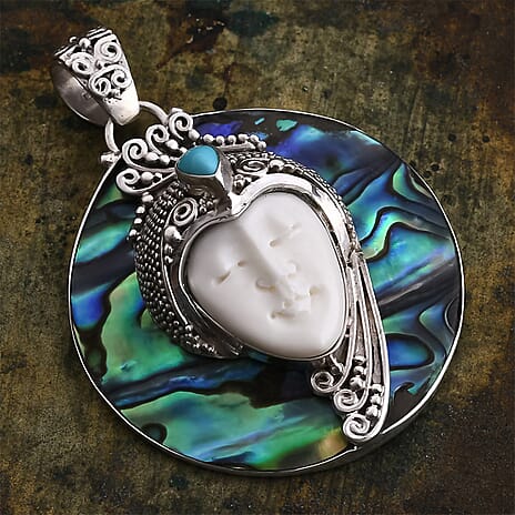Royal Bali Collection - Ox Bone, Sleeping Beauty Turquoise & Abalone Shell Pendant Sterling Silver 35.01 Ct, Silver Wt. 13.59 Gms.